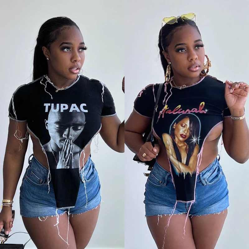 

2022 Summer New High Street Hot Girls Sexy Irregular Tassel Digital Printing Short Sleeved Casual T Shirt Top Women's Clothing