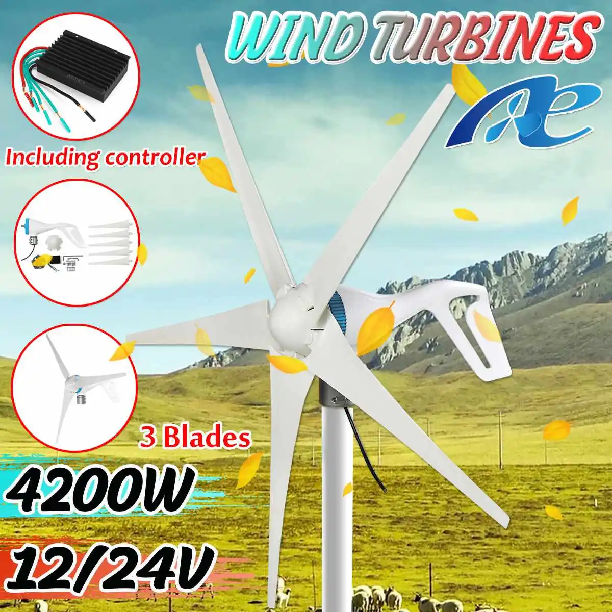 4000W 5 Blades Horizontal Wind Generator S3 Wind Turbines Generator Windmill Energy Turbins Charge with controller for home Camp