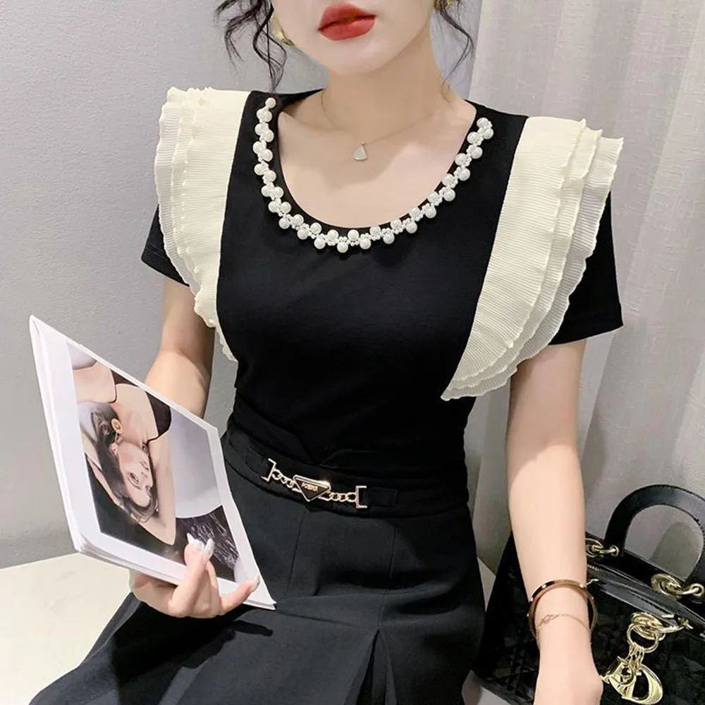 Женская летняя футболка с оборками и круглым вырезом жемчугом