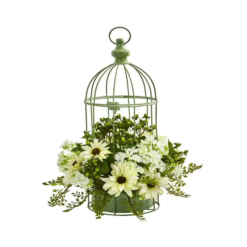 

Cream Daisy Artificial Flower Arrangement in Decorative Bird Cage Home Garden Decor Party Hotel Decor