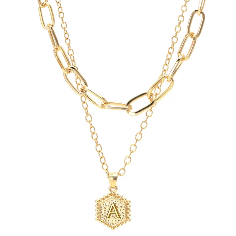 

Stainless Steel Alloy Double Layer Necklace Jewelry for Women Men 26 Letters Pendant