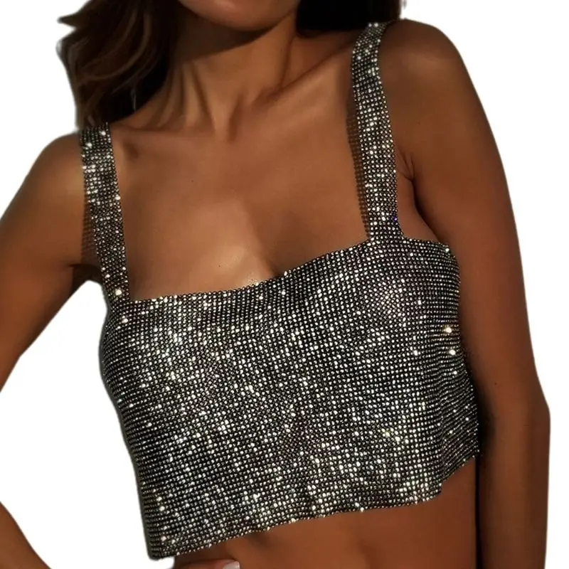 

69HB Women Sexy Off Shoulder Crop Tank Top Shiny Rhinestone Metal Diamond Vest Backless Dancing Party Jewelry Clubwear