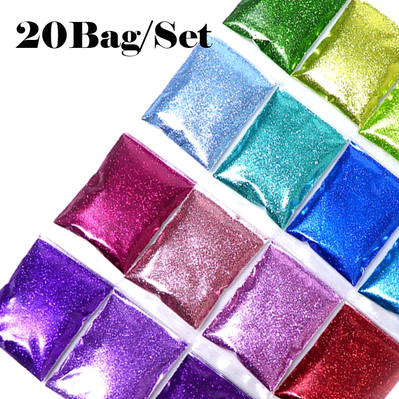 20Bag/200g Nail Pigment Dust Gradient Nail Glitter Powder Chunky Shiny Fine Pigments For Manicure Nail Supplies For Professional