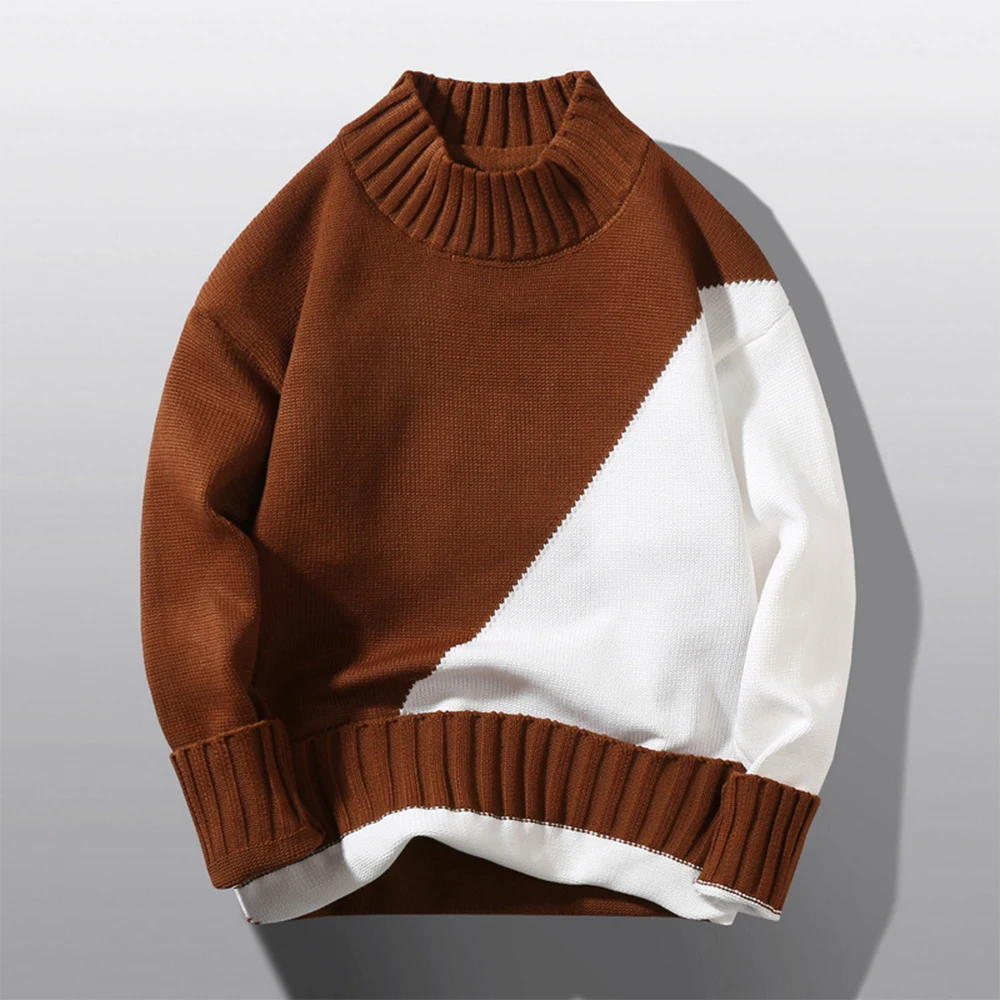 Men Fashion Slim Splicing Turtleneck Knitted Sweater Pullover Winter Warm Thermal Jumper Knitwear Tops