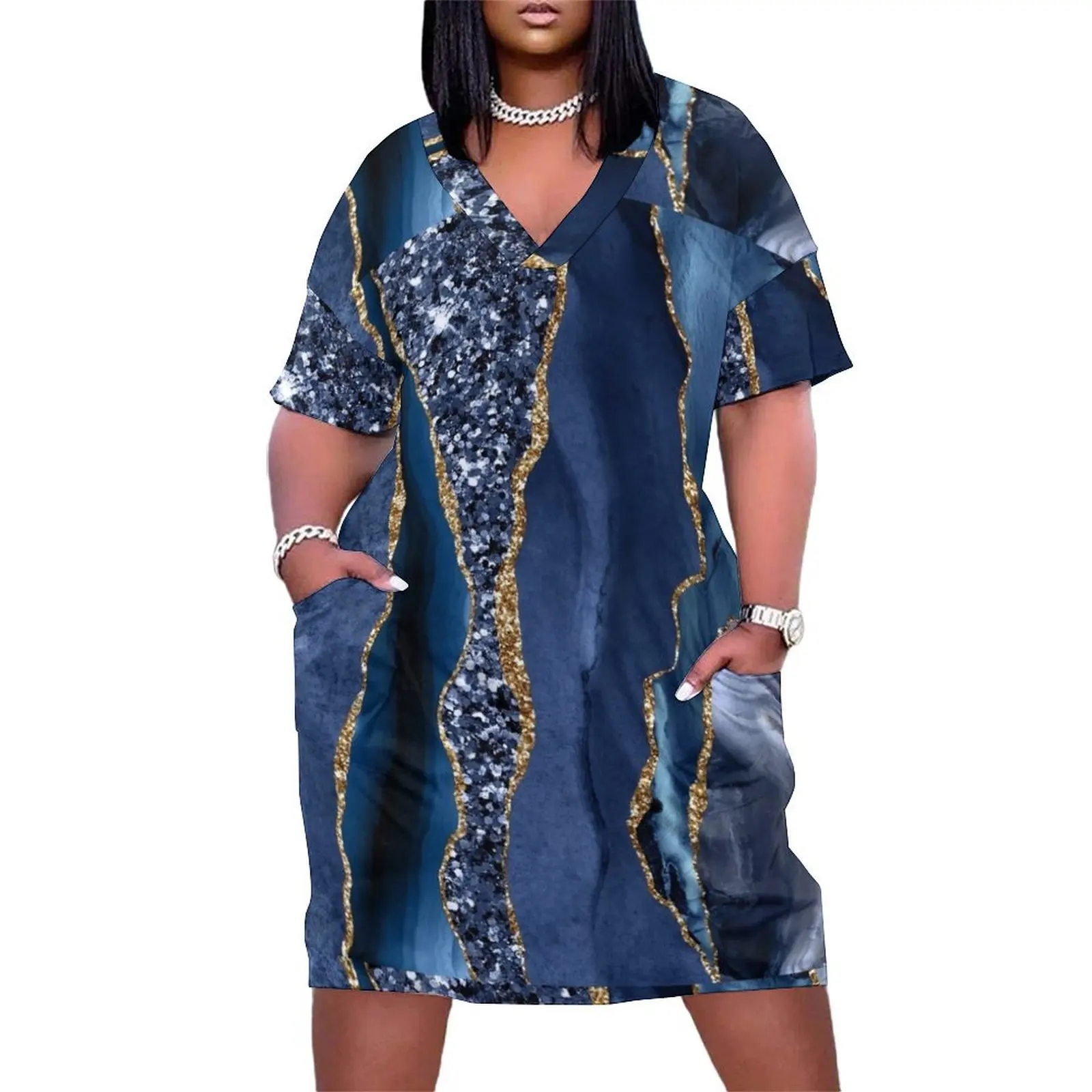 Абстрактное синее и золотое блестящее современное жеодное агатовое платье