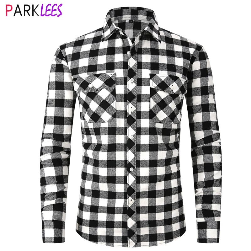 

Mens Classic Black White Plaid Checks Brushed Flannel Shirt Long Sleeve Double Pocket Shirt Men Casual Business Formal Chemise