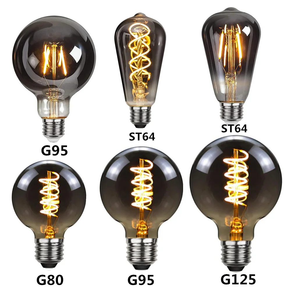 Лампа накаливания E27 ST64 G80 G95 G125, 4 Вт, регулировка яркости, 220 В, дымчато-серая, теплая, спиральная, лампа накаливания, ретро, винтажное декорати...