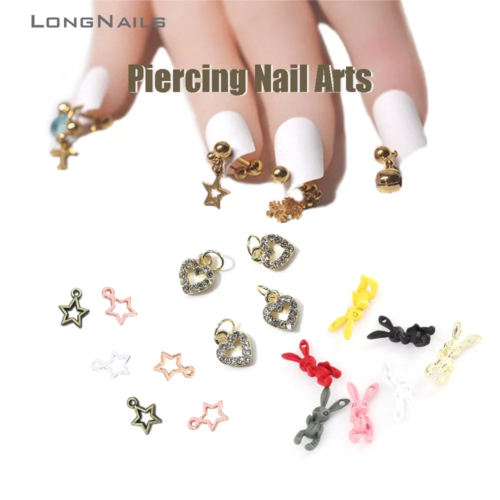 

2021 Piercing Nail Arts Hollow Charms Alloy Heart 5/10/100pcs Star Hoop Kawaii Skull Rabbit LongNails Nail Dangle Pendants JE076