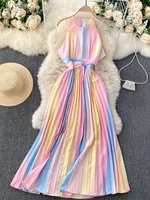 2022 summer temperament vestidos feminine strapless sling square collar rainbow gradient color slimming holiday midi dress c361