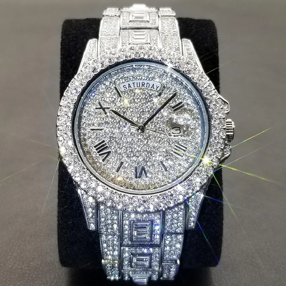 

MISSFOX New Day Date Watch For Men Luxury Full Diamond Silver Quartz Wristwatch Hip Hop Iced Out Waterproof Watches Dropshipping
