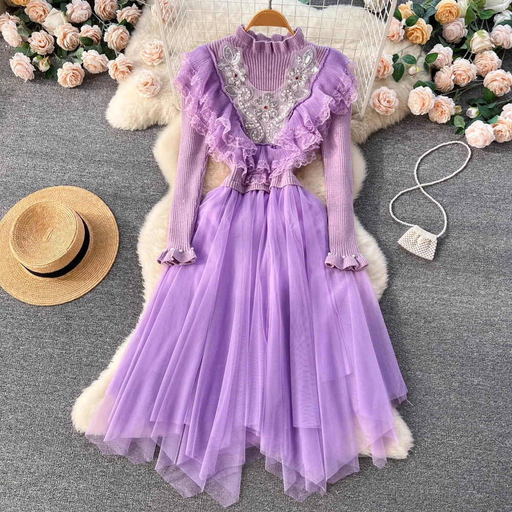 

Clothland Women Knitted Mesh Dress Ruffled Collar Beading Pearl Sequined Patchwork Sweet Midi Dresses Vestido Mujer QB637