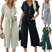 2022 women fashion lace up jumpsuit short sleeve v neck button solid wide leg pants with pockets casual overalls for summer