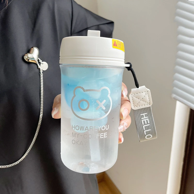 

550ml Simple Cute Cartoon Water Bottles For Girls Plastic PC Straw Cup Portable Carry Rope Student Kids Double Drinking Cup