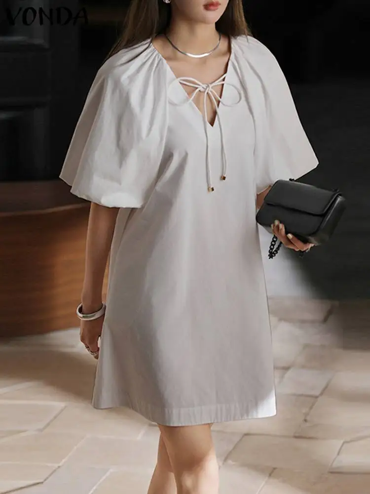 

White Mini Dress 2023 VONDA Women Elegant V Neck Party Dress Fashion Half Puff Sleeve Beach Sundress Sexy A Line Vestidos Robe
