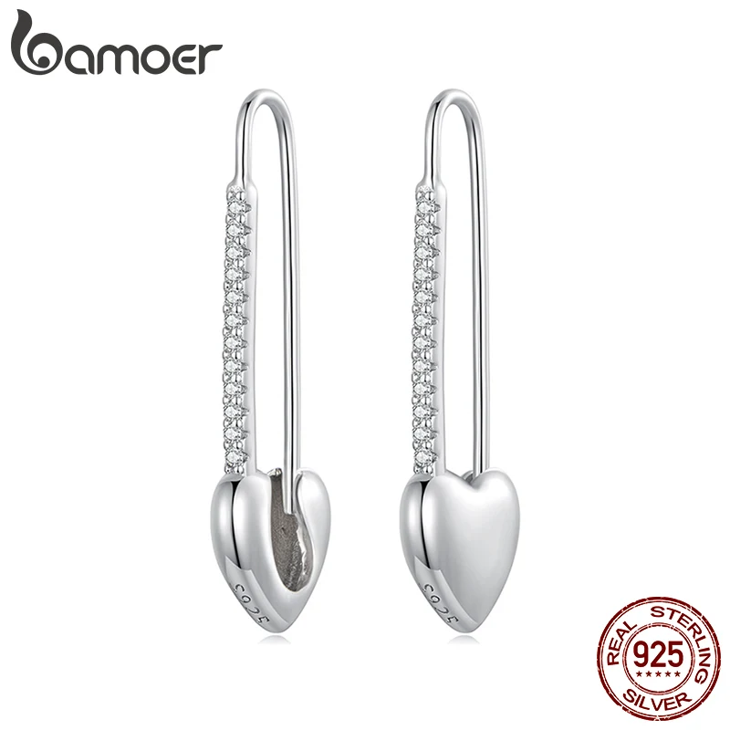 

Bamoer 925 Sterling Silver Heart-Shaped Button Pin Ear Buckles Platinum Plated Zircon Hoop Earrings for Women Trendy Jewelry