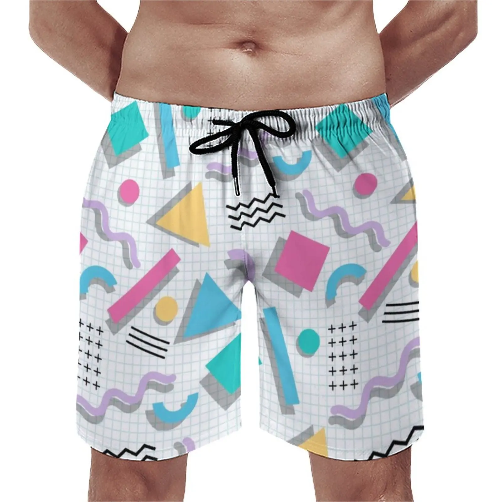 

Memphis Shapes Board Shorts Summer Geometric Pattern Sports Surf Board Short Pants Comfortable Retro Plus Size Swimming Trunks