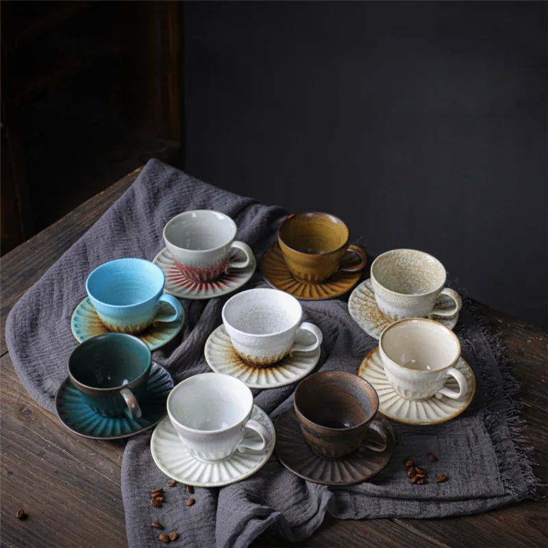 

120ml Japanese Vinage Kiln Changing Pottery Espresso Cup and Saucer Small Coffee Tea Cups With Saucers Set Home Office Drinkware