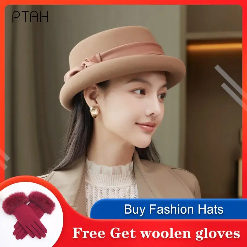 

[PTAH] Fedora Hat Women Ribbon Band Wide Brim Classic Color Wedding Church 2021 Autumn Winter Women's Hat 100% Wool High Quality