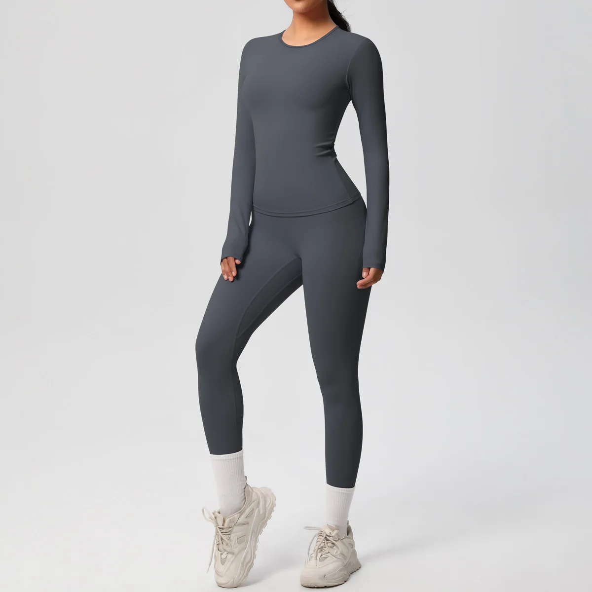 Фото JUREN 2PCS Спортивный костюм для йоги, женский спортивный комплект, женский тренажерный костюм, спортивная одежда для бега и тренировок, футболка с длинным рукавом, одежда для йоги. №3