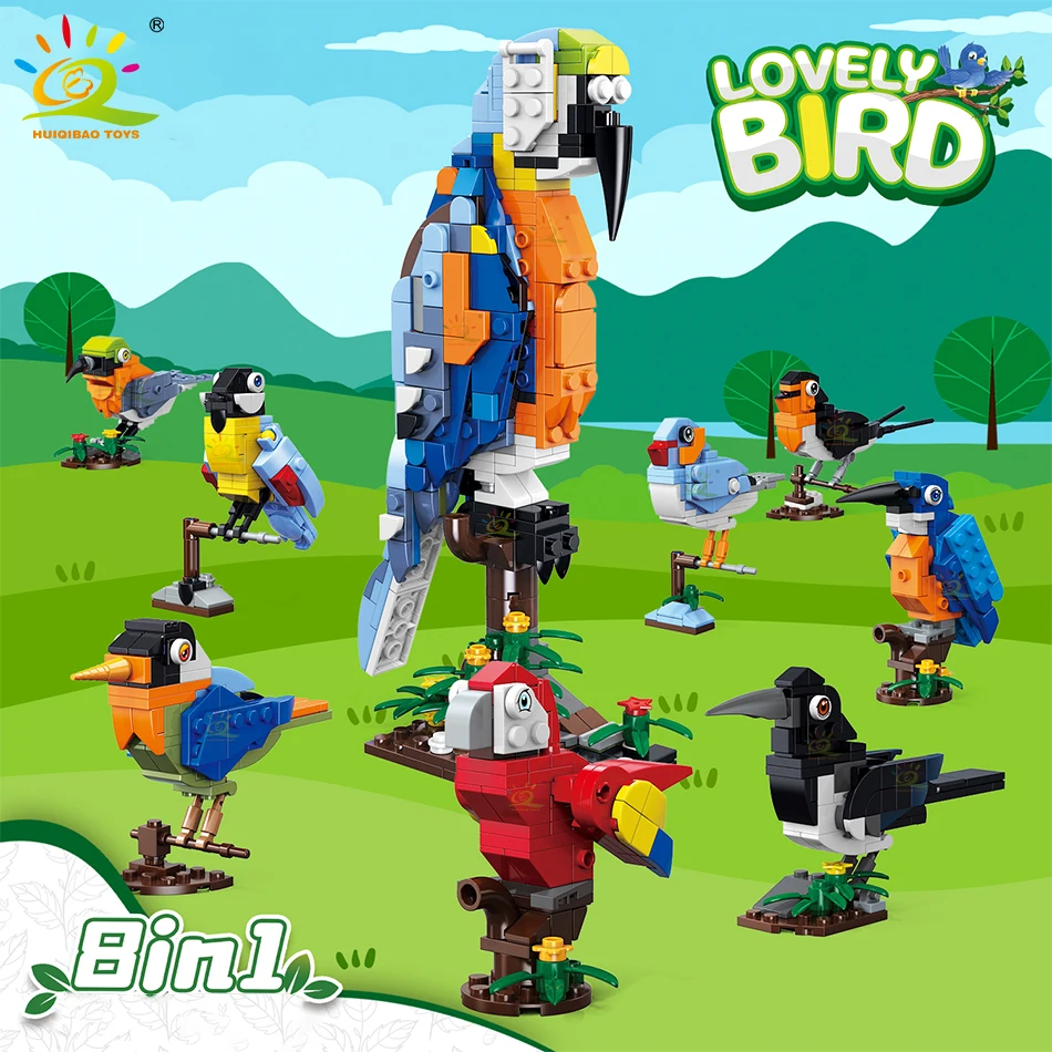 

HUIQIBAO 8в1 MOC Pretty Bird Parrot модель строительные блоки город DIY подарок животное креативные Magpie Кирпичи игрушки для детей подарок