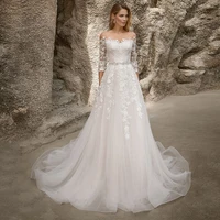 elegant 34 sleeve wedding dresses 2022 sweep train sheer scoop neck lace appliques tulle bridal gown with button back belt