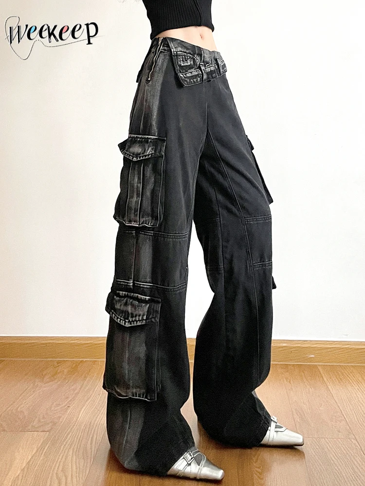 

Weekeep Women Baggy Cargo Jeans Vintage y2k Big Pockets Patchwork 90s Low Rise Denim Trousers Streetwear Retro Outfits Aesthetic