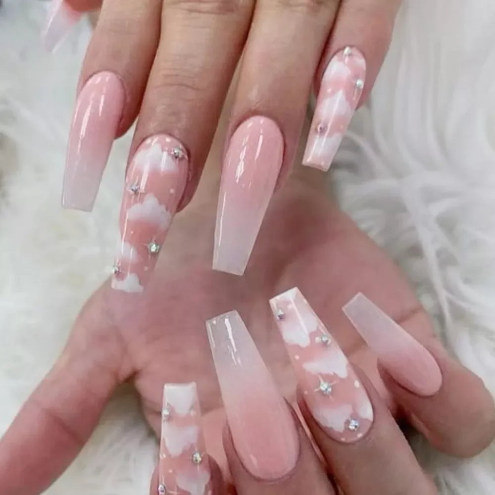 

NEW Super Long Ballerina False Nails Detachable with Pink clouds design nail Wearable Coffin Fake Nails Full Cover Nail Tips
