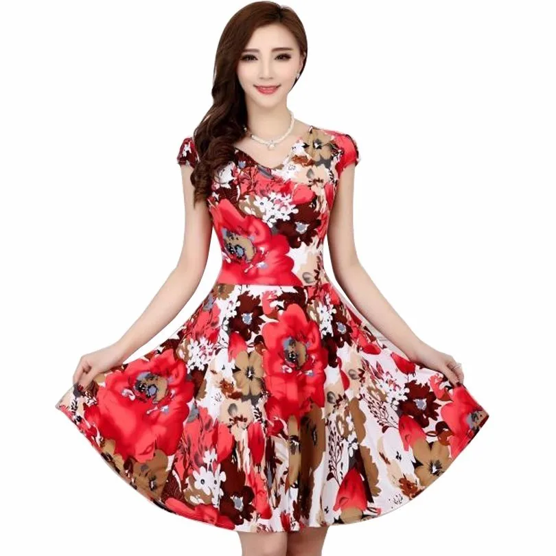 

Women's Summer Dress Fashion Floral Print Short Sleeve V Neck Slim Mini Sundress Plus Size Casual High Waist Boho Beach Dresses