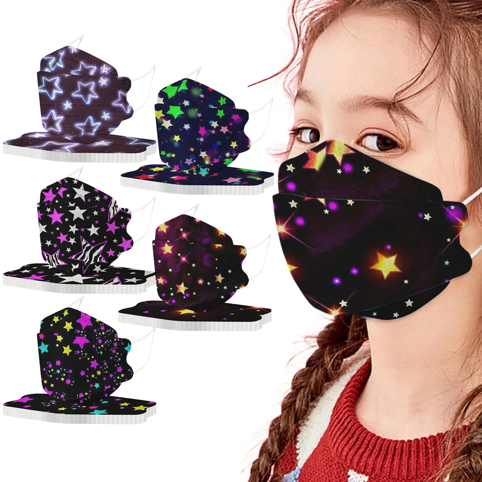 

50PCS Children Star Printing Anti-fog Dust-proof Fish Mask For Kids Disposable Nonwove Earloop Bandage 5 Layer Filter Mask