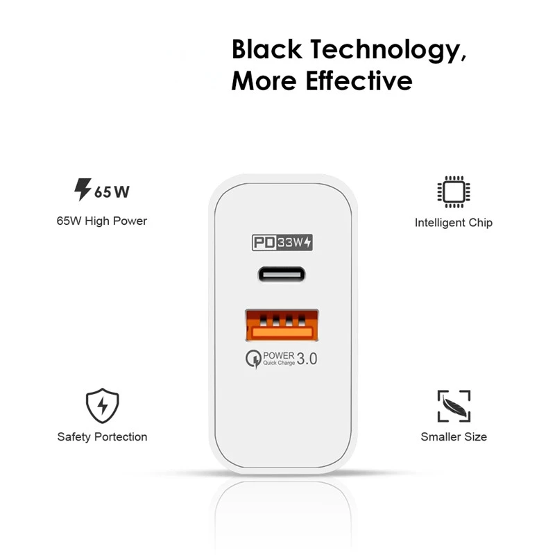 PD 65W Fast Charge Adapter For MacBook Pro Laptop Type-C Quick Charger For iPhone 11 12 13 Pro For iPad
