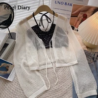 pearl diary korean version dense flower pattern short camisole hollow out frenulum thin overcoat sand beach cardigan two piece
