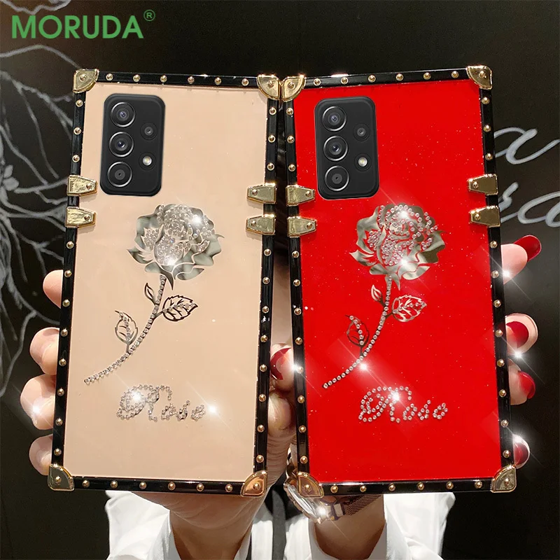 Fashion Glitter Rose Flower Plating Phone Cover for Samsung Galaxy S23 S22 Ultra S21 Plus S20 FE Note 20 S10 Square Frame Case