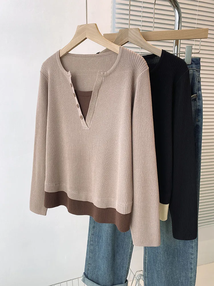 Женский трикотажный свитер с V-образным вырезом и длинным рукавом