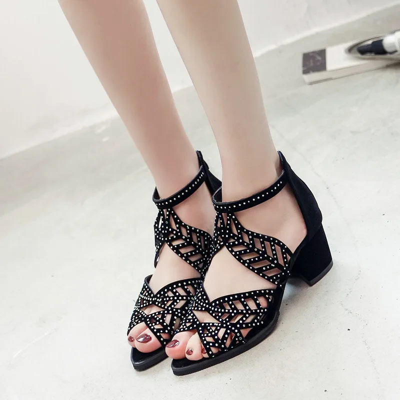 

New Women's Casual Sandals Fashion Rhinestone Platform High Heels Hollow Design Sexy High Heels Plus Size Sandalias Salto Grosso
