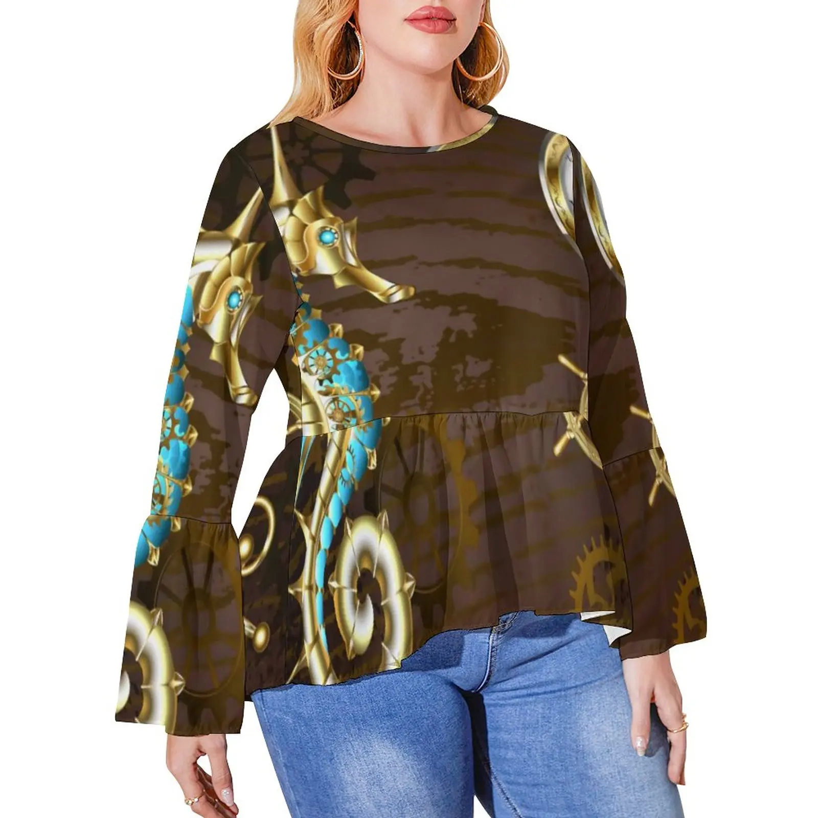 

Golden Steampunk T Shirts Wooden With Mechanical Seahorse Street Wear Long Sleeve T Shirt Funny Tees Tops Plus Size 5XL 6XL