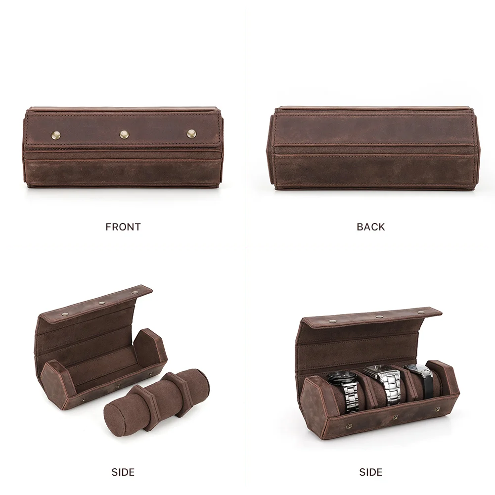 CONTACT'S FAMILY Retro Leather 3 Slots Watch Roll Retro Travel Case Chic Portable Display Jewelry Bracelet Storage Box Organizer