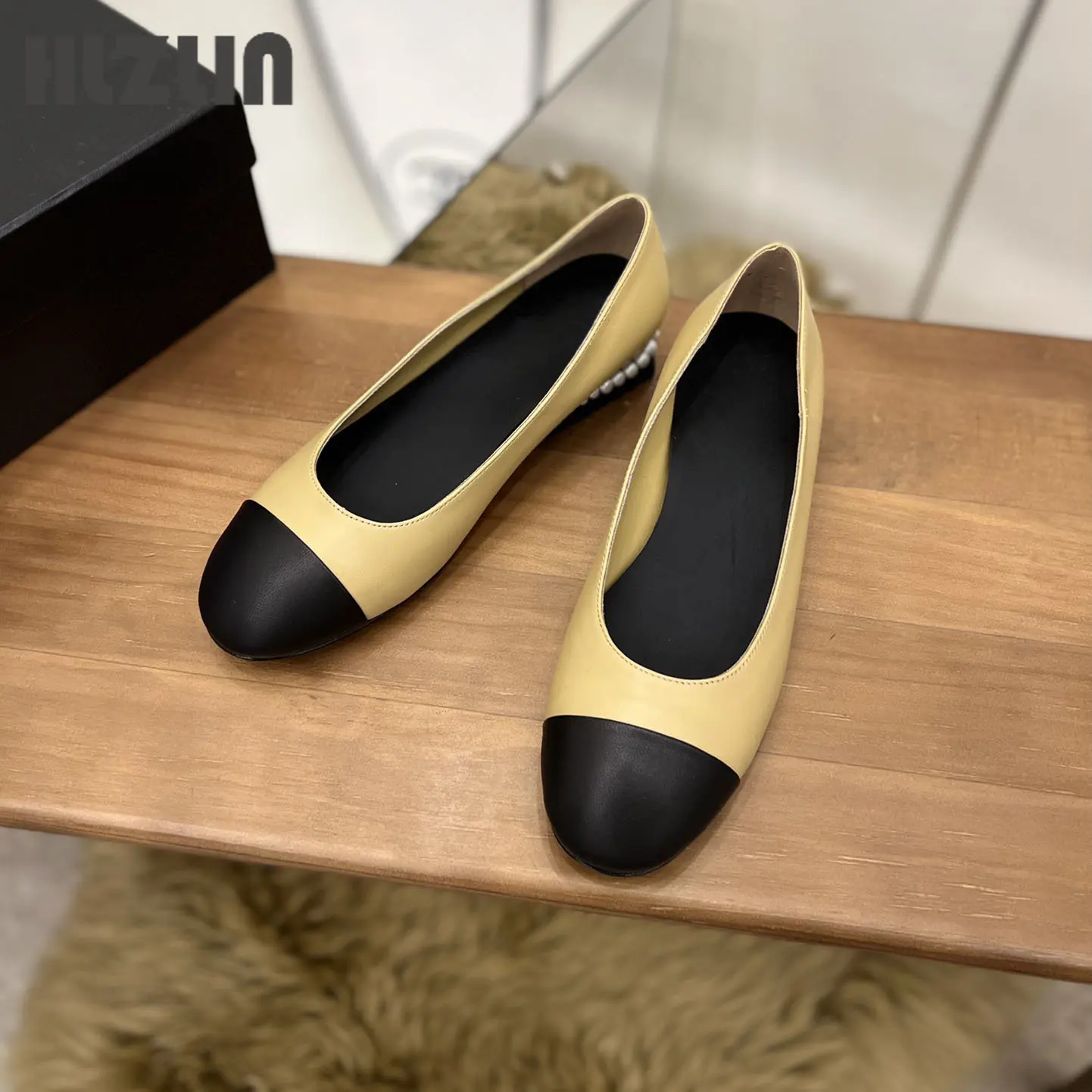 

2022Classic women's round toe high heels, genuine leather lace-less pearl moccasins, spring and autumn women's shoes