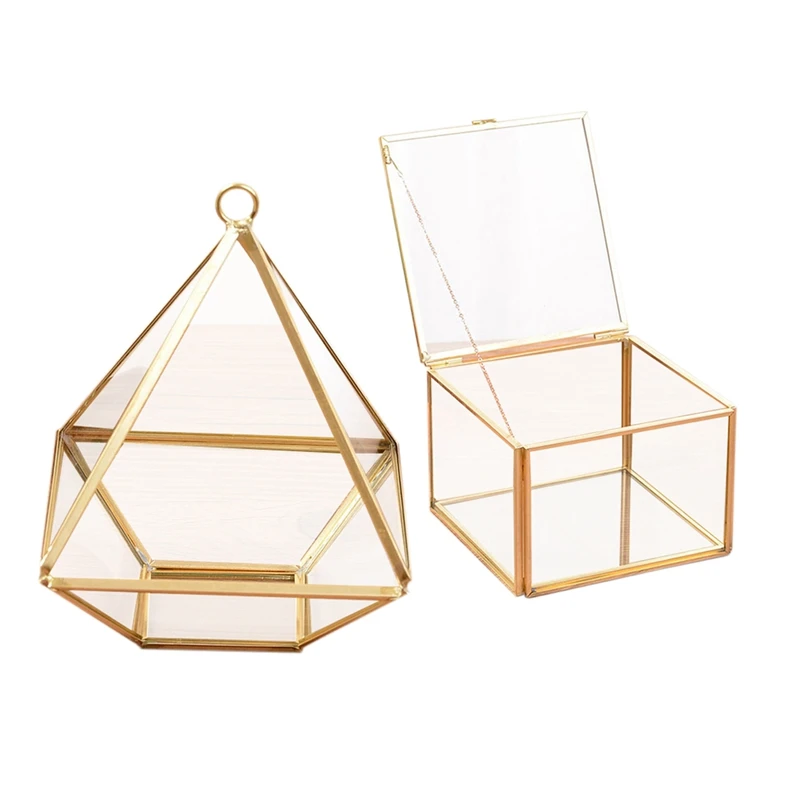 

Коробка-органайзер для хранения ювелирных изделий, стеклянная шкатулка в форме алмаза с геометрическим рисунком, квадратное открытие, для ...