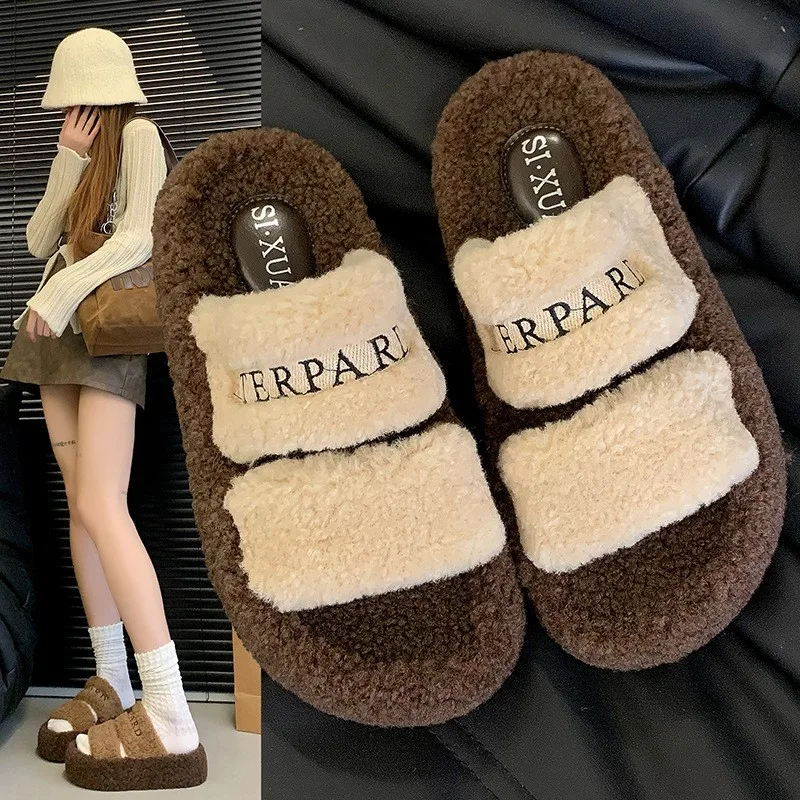 Шлепанцы женские из овечьей шерсти с вышивкой и надписью на толстой подошве