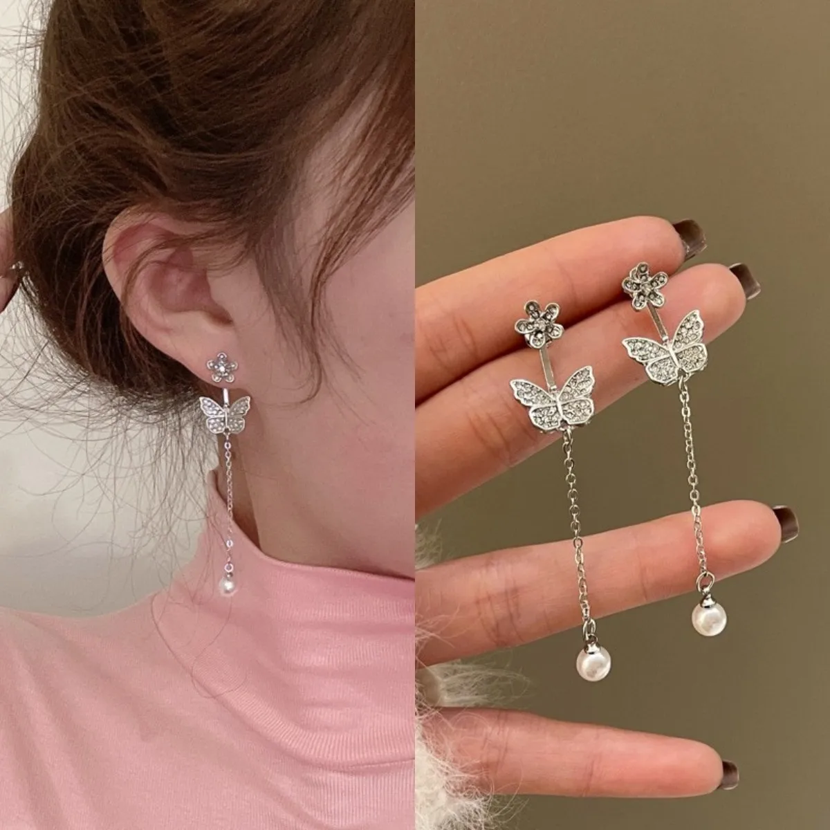 

Pearls Long Flowers Designer Earrings Temperament Butterfly Fairy Indian Earrings Luxury Jewelry