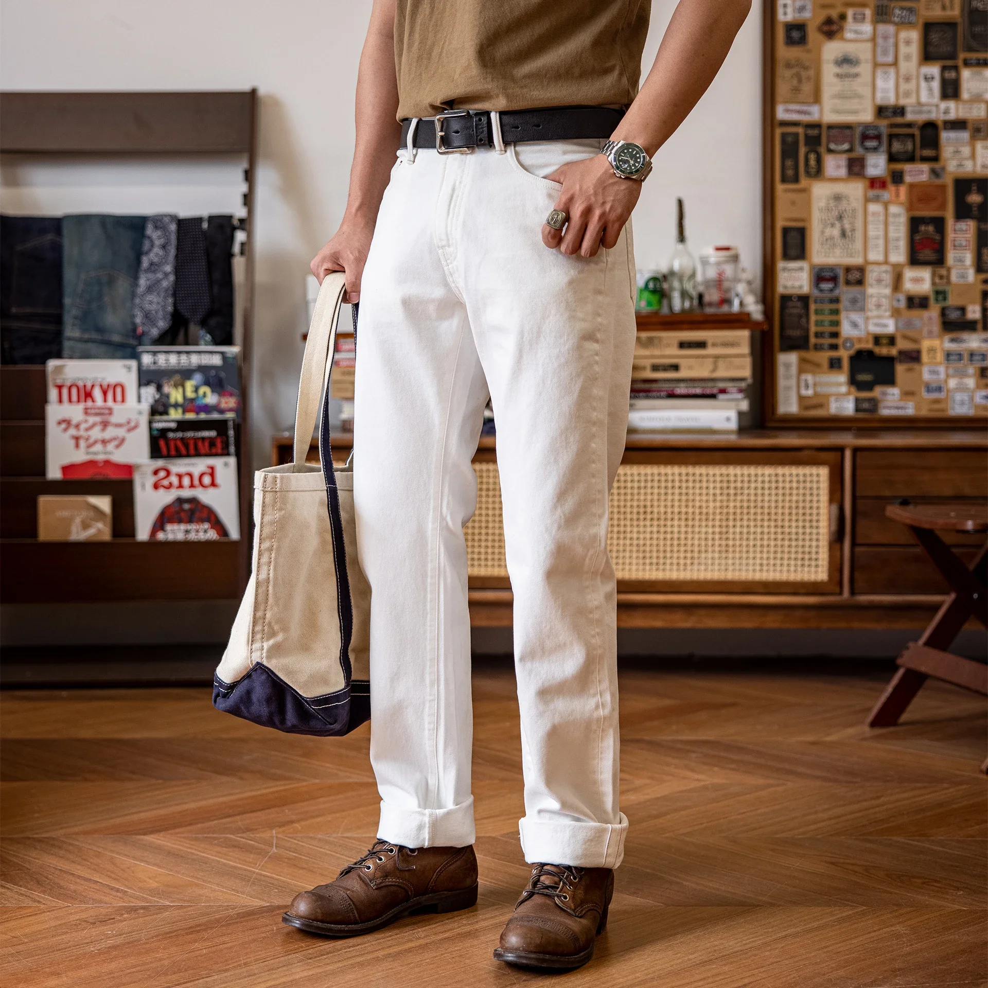 710-0003 Тяжелые брюки Indigo Selvage Washed 14 унций санфоризованные толстые джинсовые джинсы