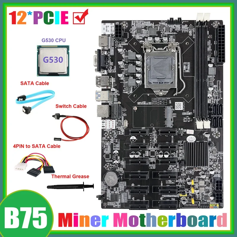 

Материнская плата B75 ETH для майнинга, 12 PCIE + G530 CPU + 4-контактный кабель SATA + кабель переключателя + термопаста
