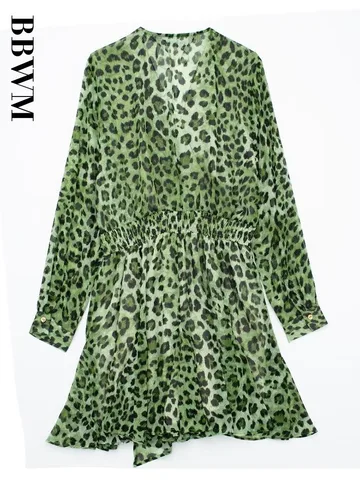 New Women 2023 Fashion Animal Print Mini Dress V Neck Long Sleeve Vintage Elegant A-Line Chic Female Dresses Vestidos