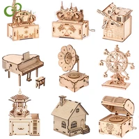1set creative diy hand cranked wood phonograph ferris wheel piano music box wooden puzzle handmade assembled