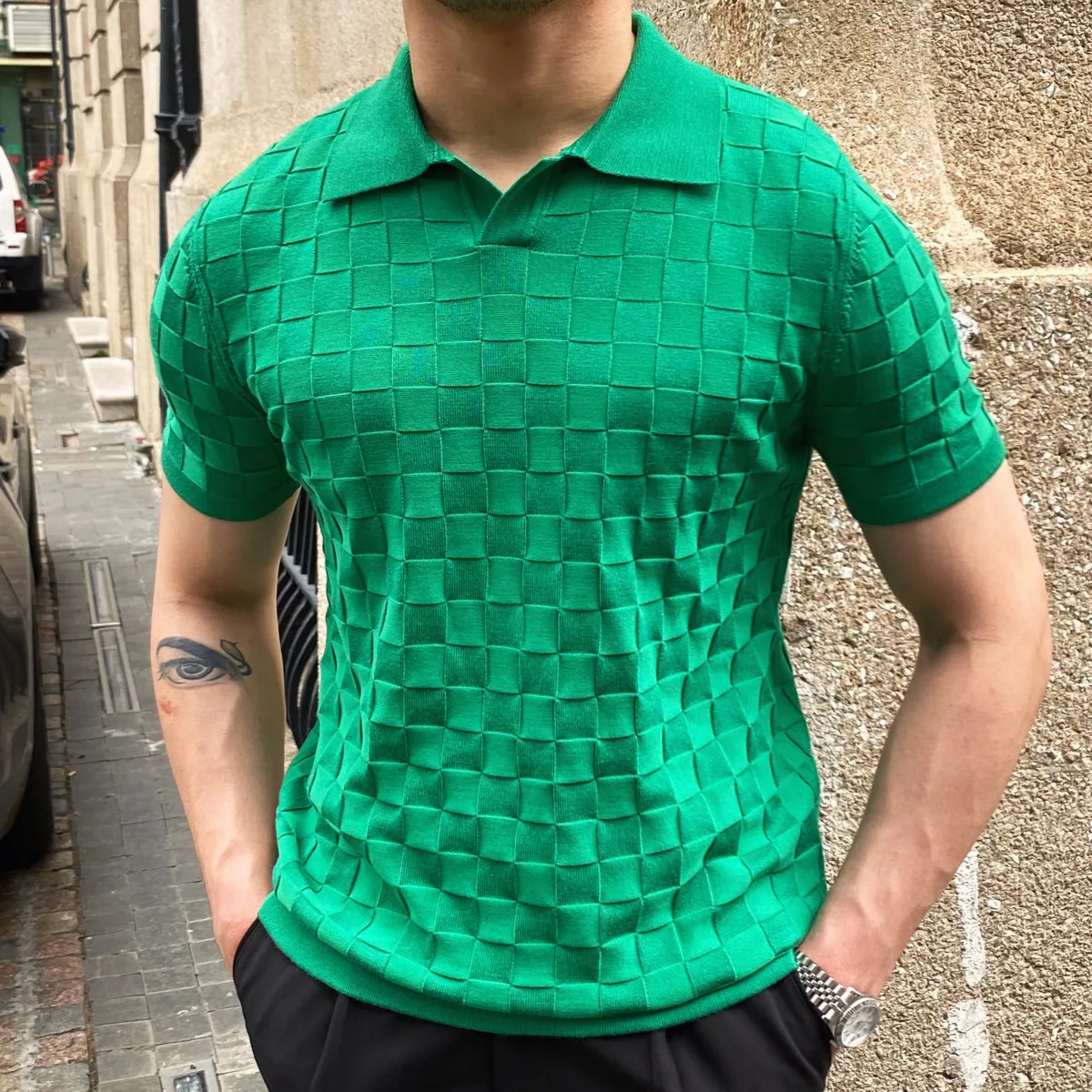 

Plaid Knitted Polo Shirts Men Vintage Green Short Sleeve Lapel Tee Tops 2022 Summer Elasticity Slim Casual Business Social Polos