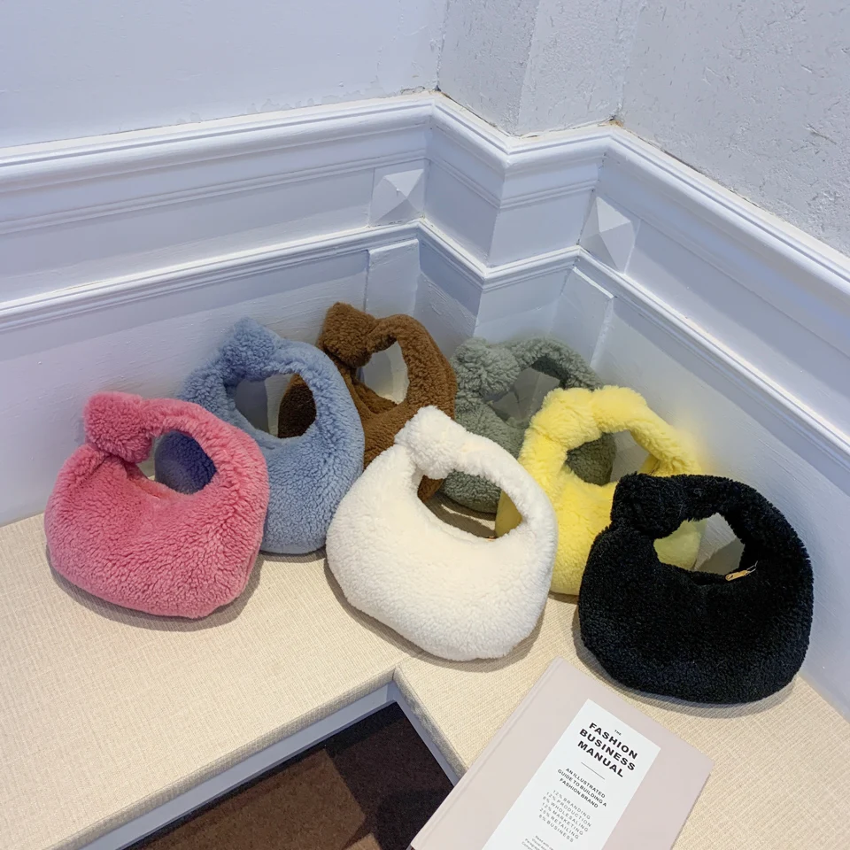 

Winter New Lamb Wool Small Hobo Bag 2023 Fashion Knotted Faux Fur HandBag Women's Furry Short Handle Clutch Soft Plush Warm Bag