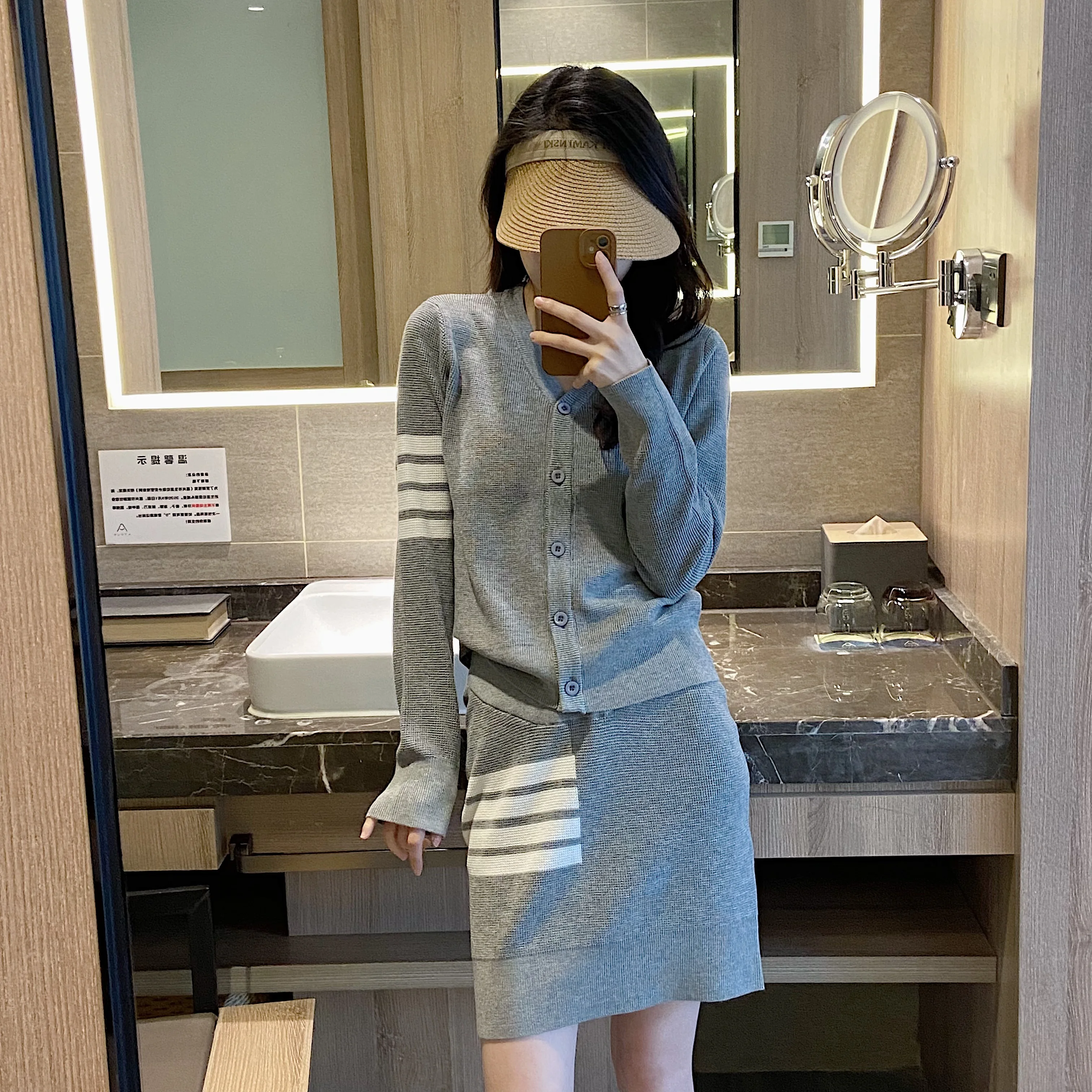 

Tb Waffle Two-piece Suit Four Stripes Slim Striped Knit Cardigan Skirt Skirt Suit