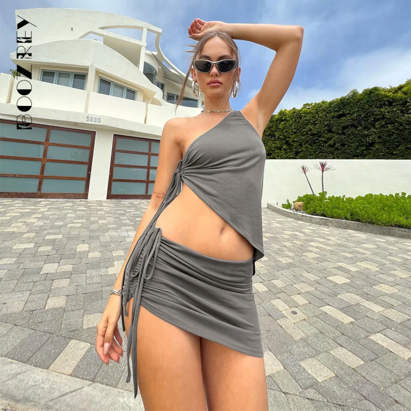 BoozRey 2022 Drawstring Dress Summer Sets Womens Outfits Sexy One Shoulder Crop Top and Mini Skirts Co-Ord Club Party |