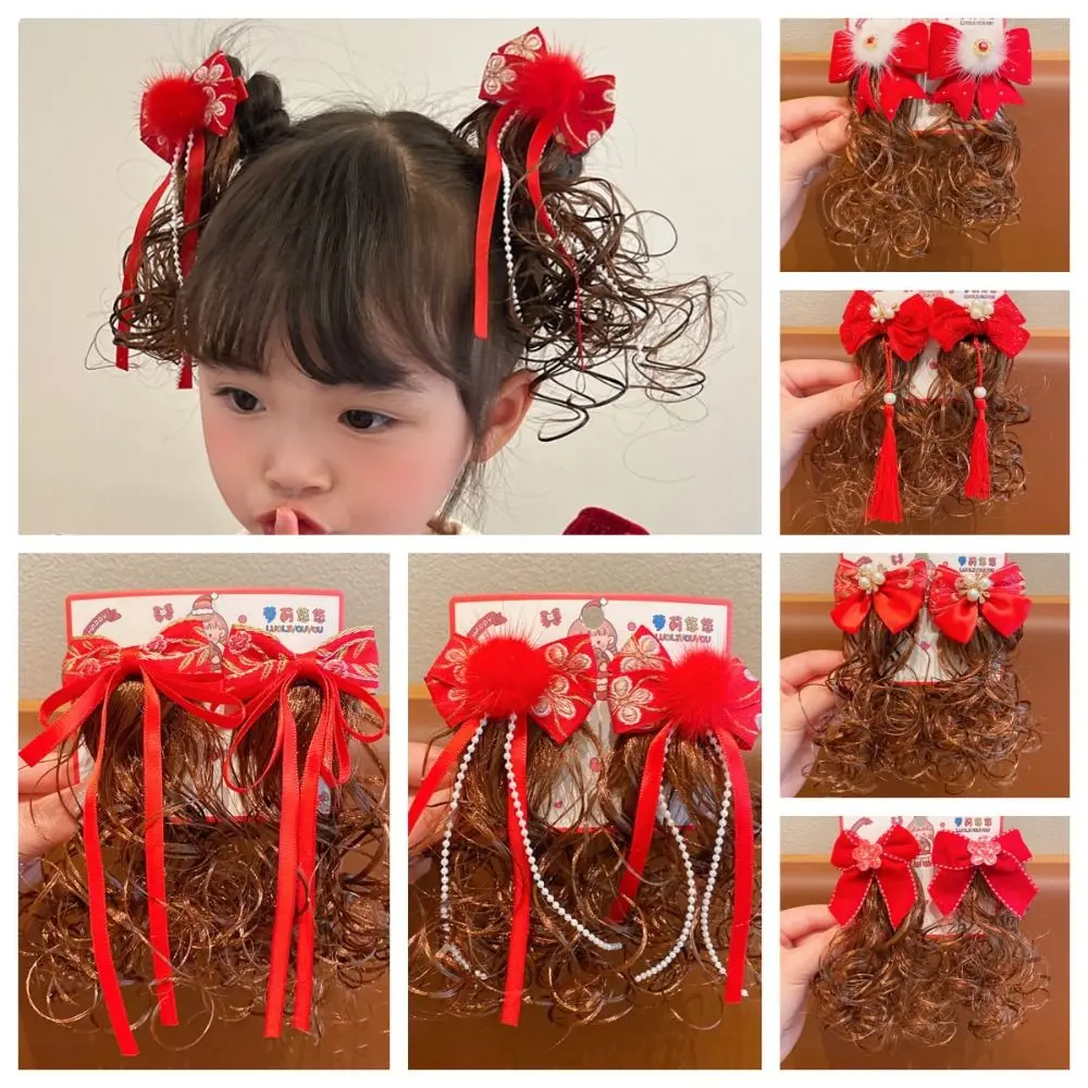 

Flower Bowknot Wig Hair Clip Princess Pearl New Year Children Hair Clip Headwear Plush Wig Braid Hairpin Party