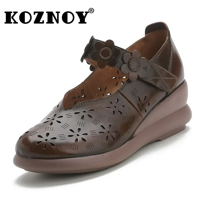 

Koznoy 4cm Genuine Leather Round Toe Leisure Hook Flats Comfy Mules Females Platform Wedge Hollow Summer Women Appliques Shoes